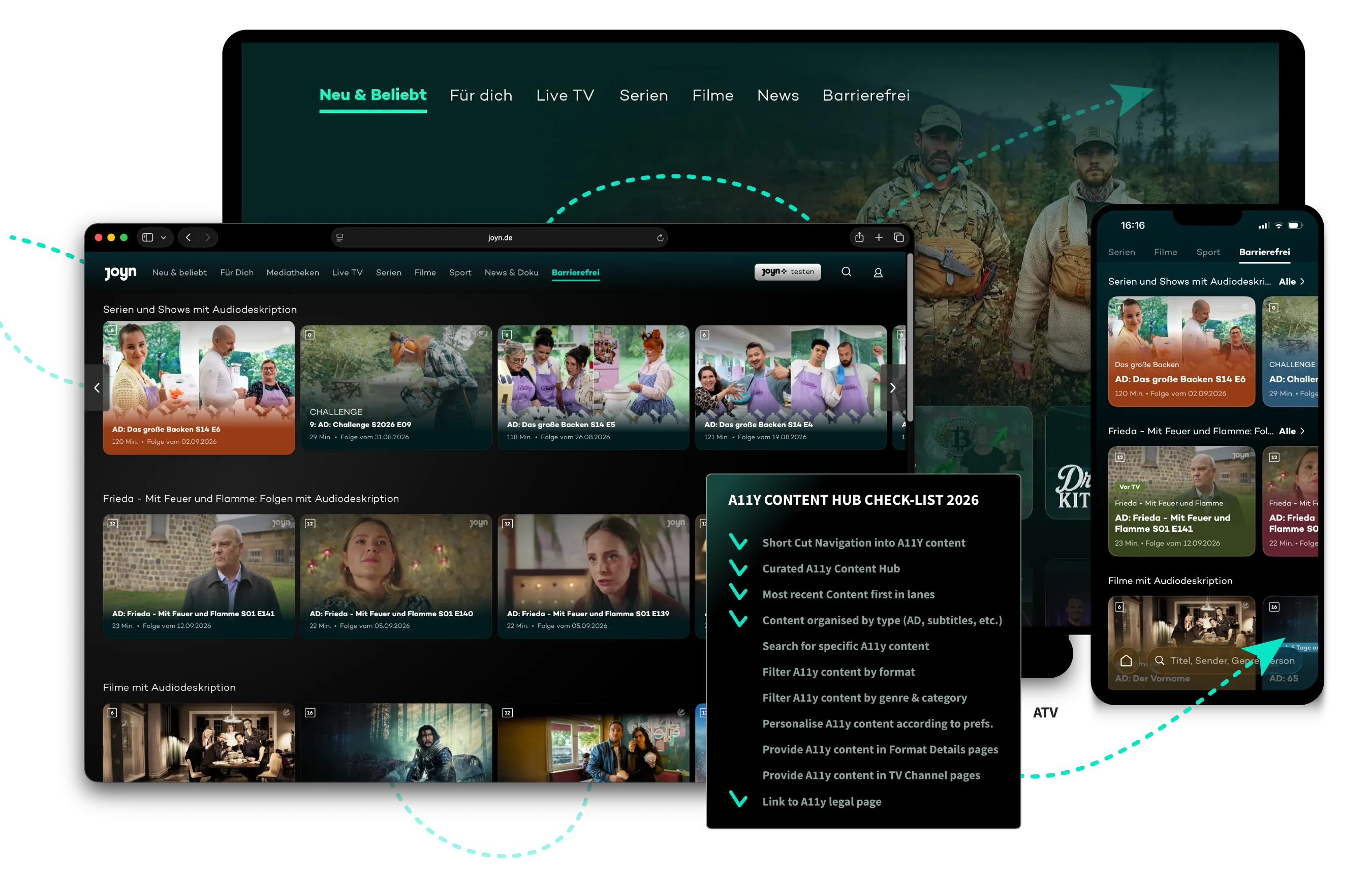 The Barrierefrei hub shown on TV, web and phone, with the A11y content hub check-list 2026.