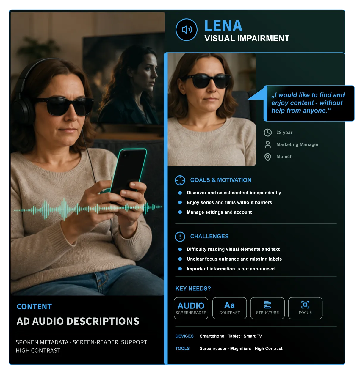 Persona Lena – visual impairment: relies on audio descriptions and a screen reader to find and enjoy content without help.