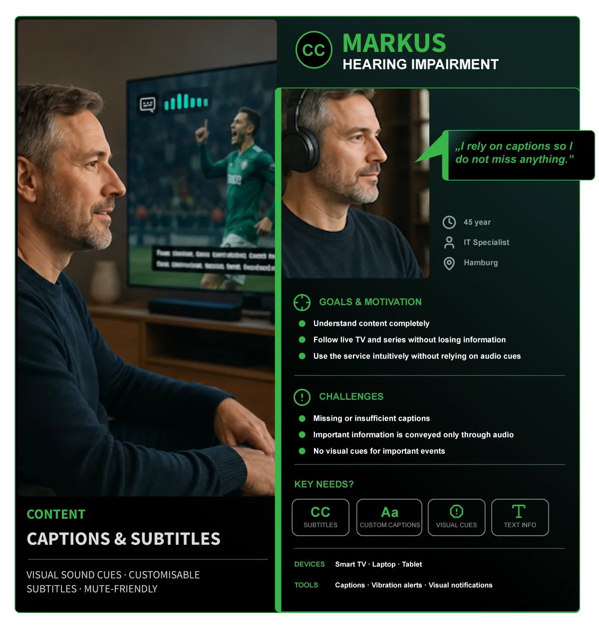 Persona Markus – hearing impairment: relies on captions and visual cues so he does not miss anything.