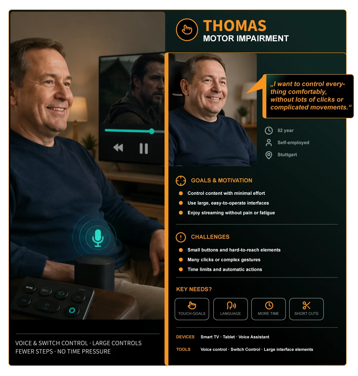 Persona Thomas – motor impairment: wants to control everything comfortably with voice and switch control and large controls.
