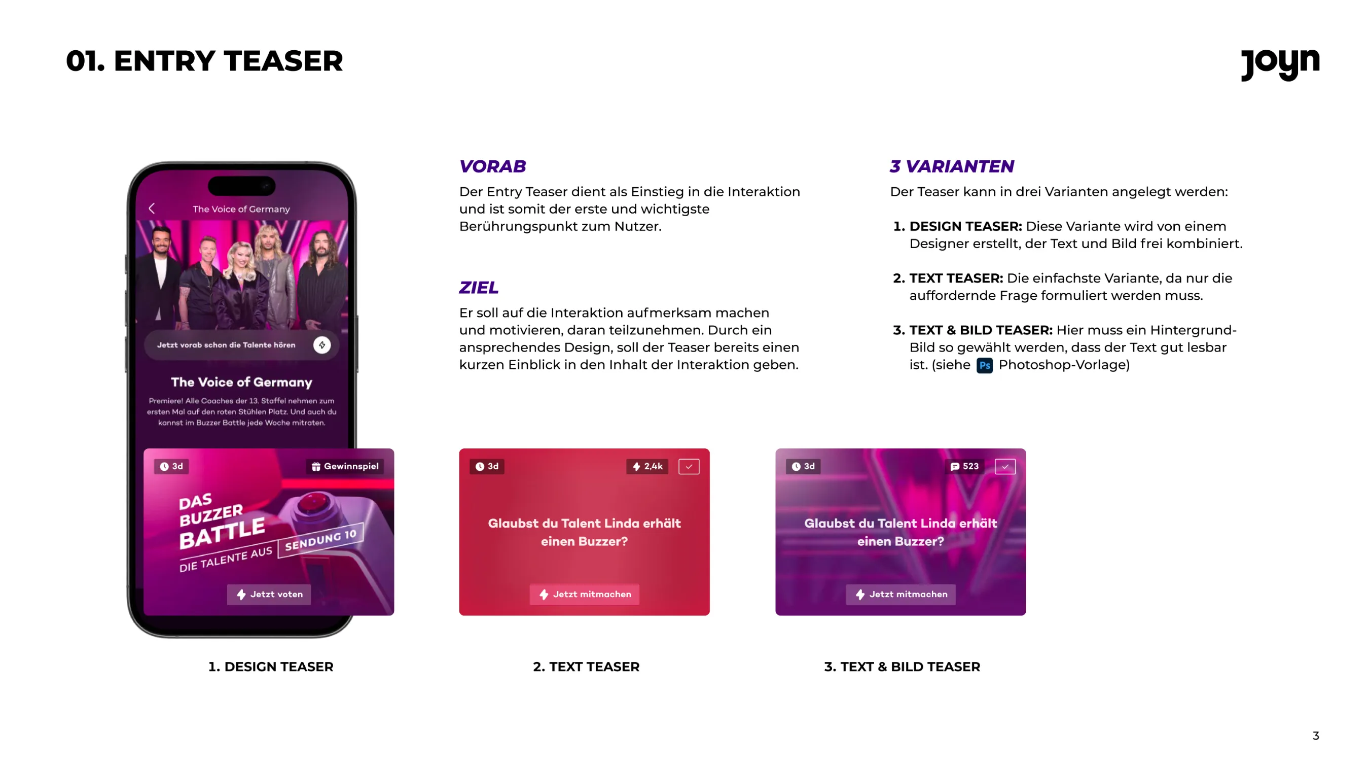 Entry teaser – overview of the three teaser variants: design, text, and image & text