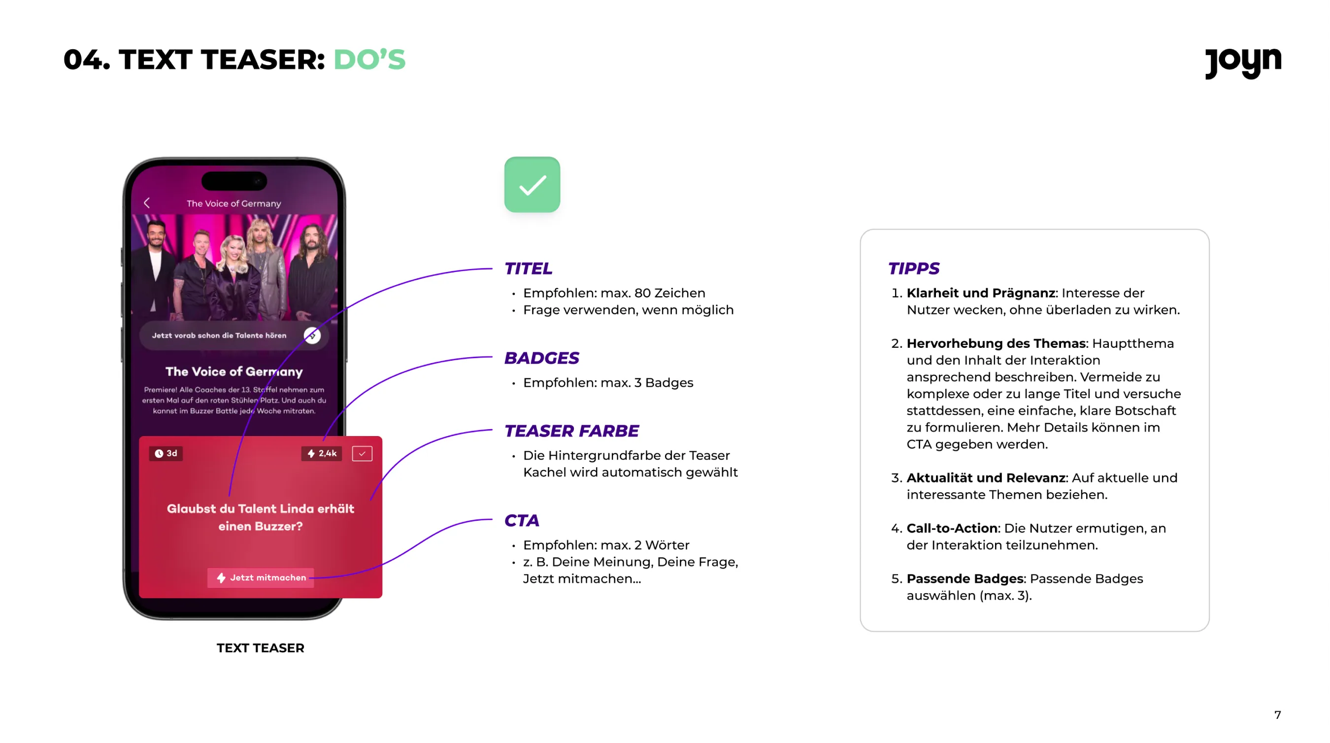 Text teaser – do's: title, badges, colour and call to action