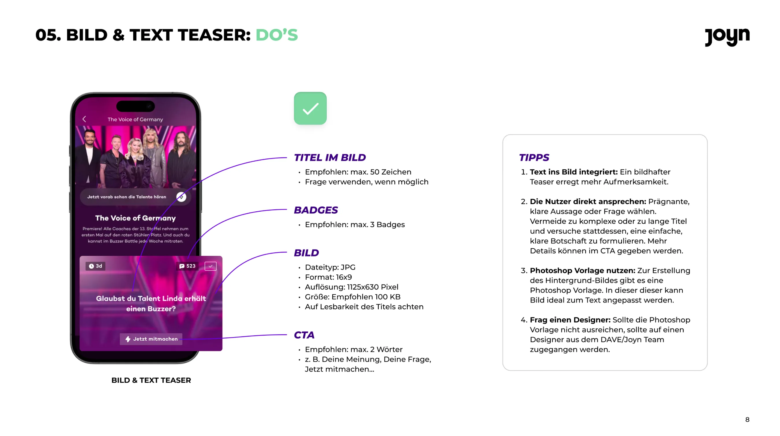 Image & text teaser – do's: title in image, badges, image and call to action
