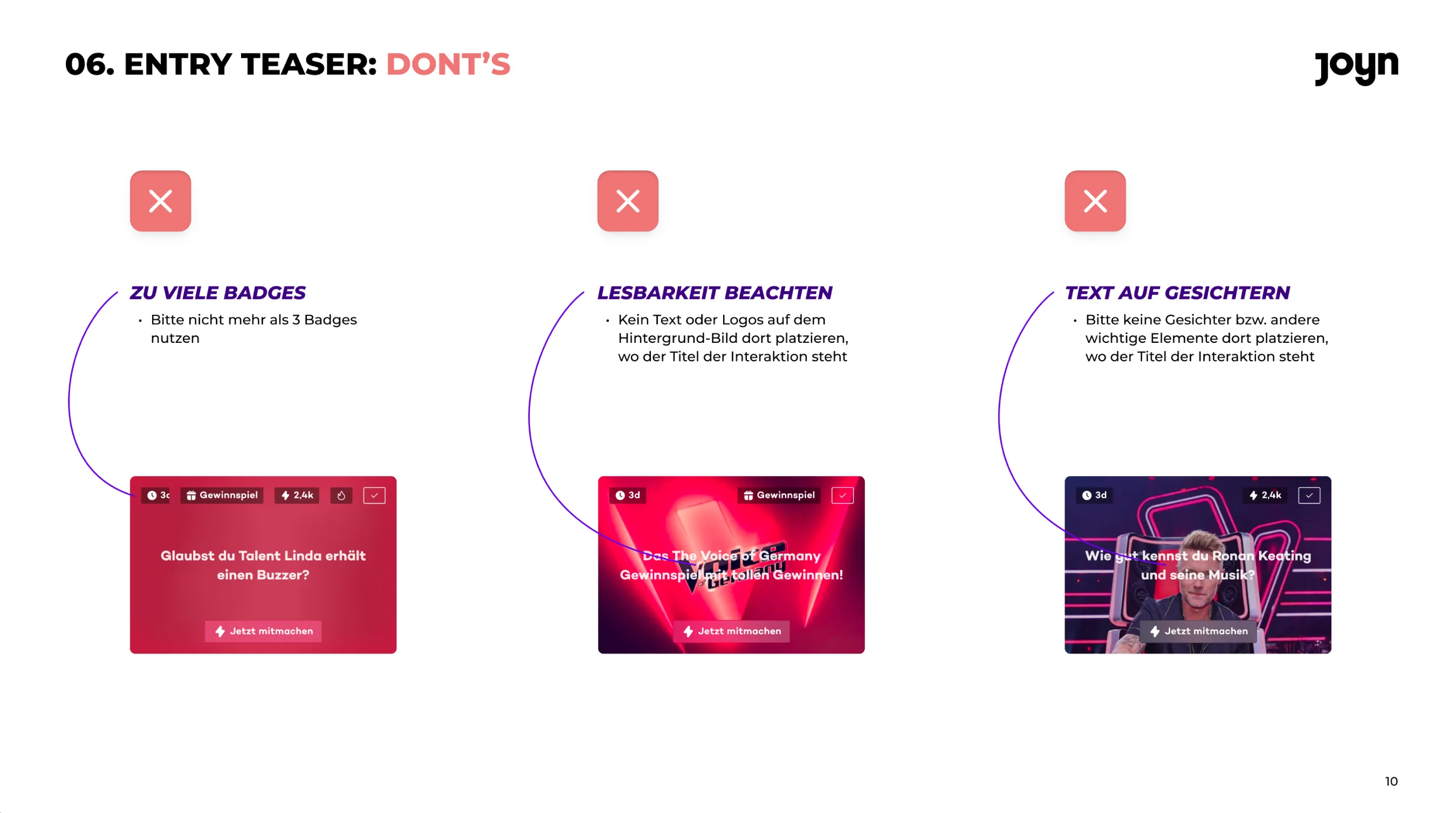Entry teaser – don'ts: too many badges, poor legibility, text on faces