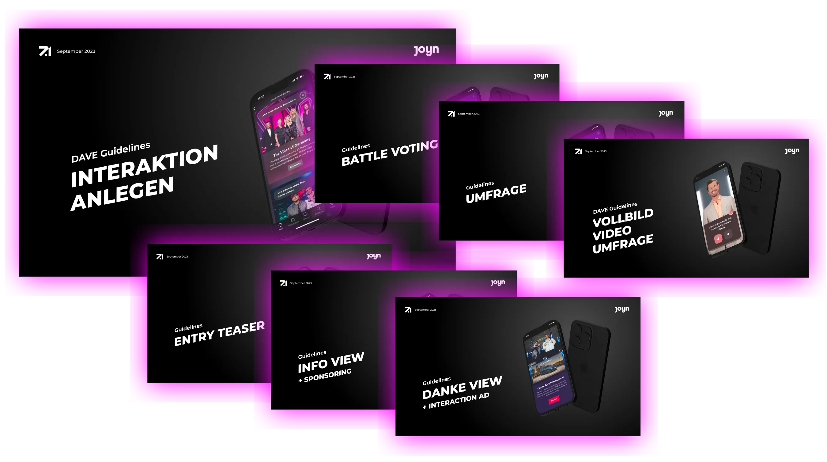All seven DAVE guidelines: create interaction, battle voting, survey, fullscreen video survey, entry teaser, info view and thank-you view