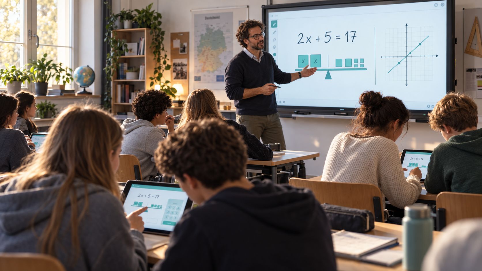 Digital education in the classroom: a teacher and students working with tablets.