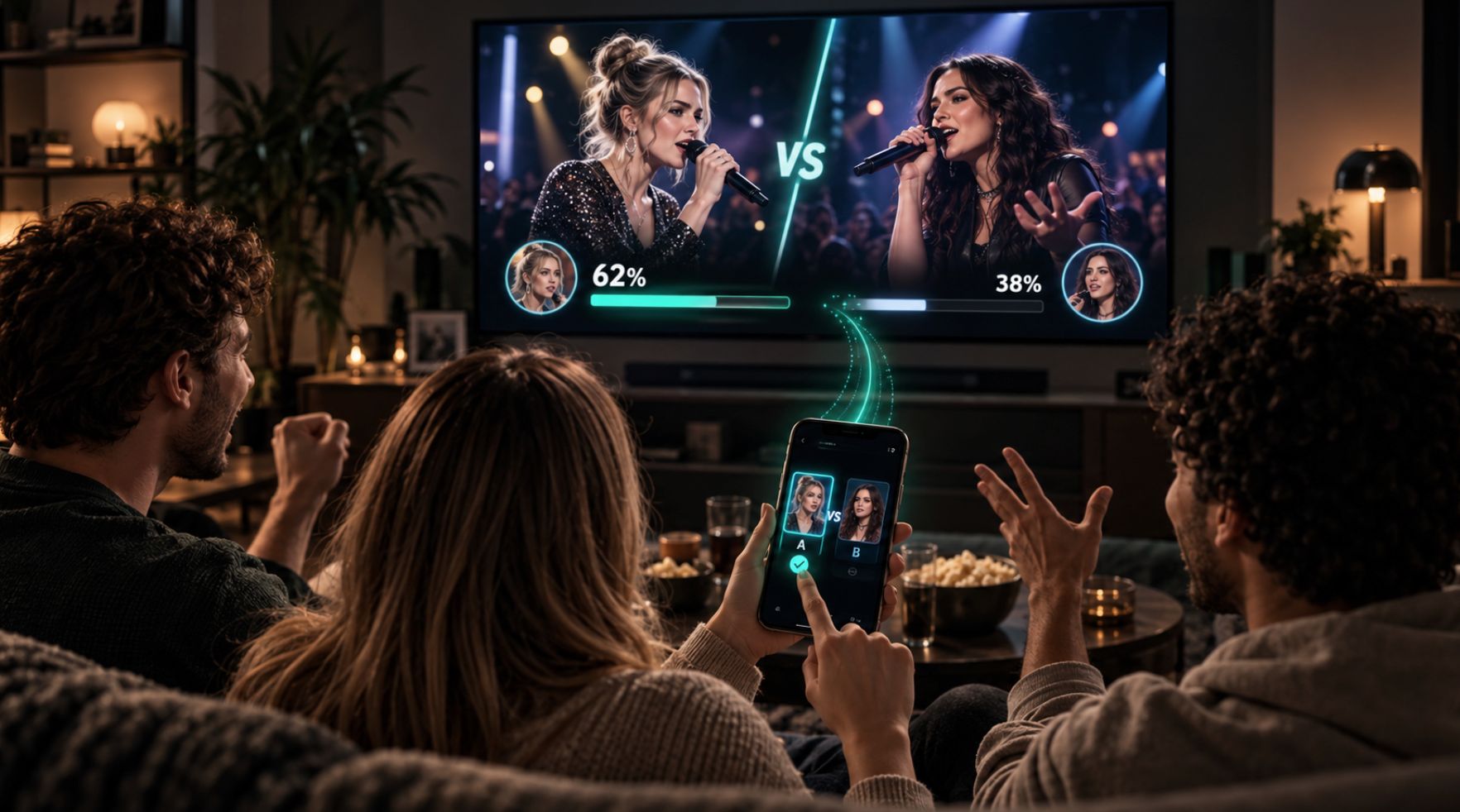 Fans of a TV show on a sofa, taking part in a live battle vote with their smartphones.