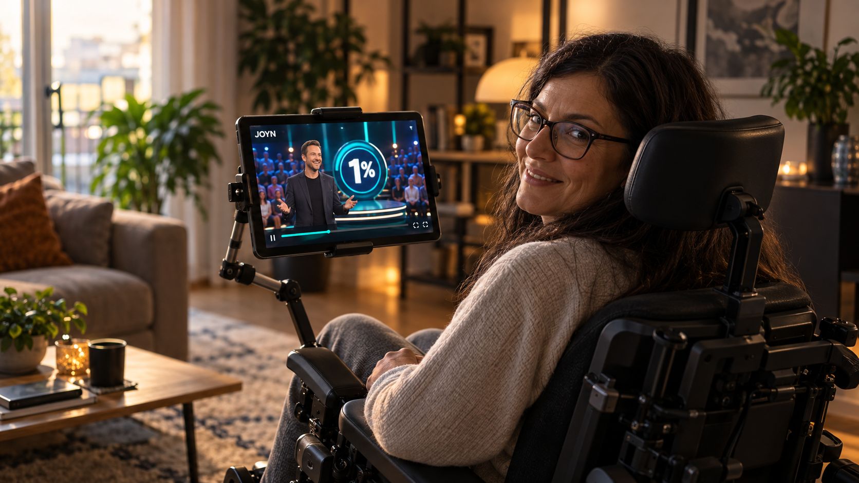 A fan of the 1% Quiz Show with motor skill impairments: a smiling woman in a power wheelchair watches the show on a tablet mounted to her chair.
