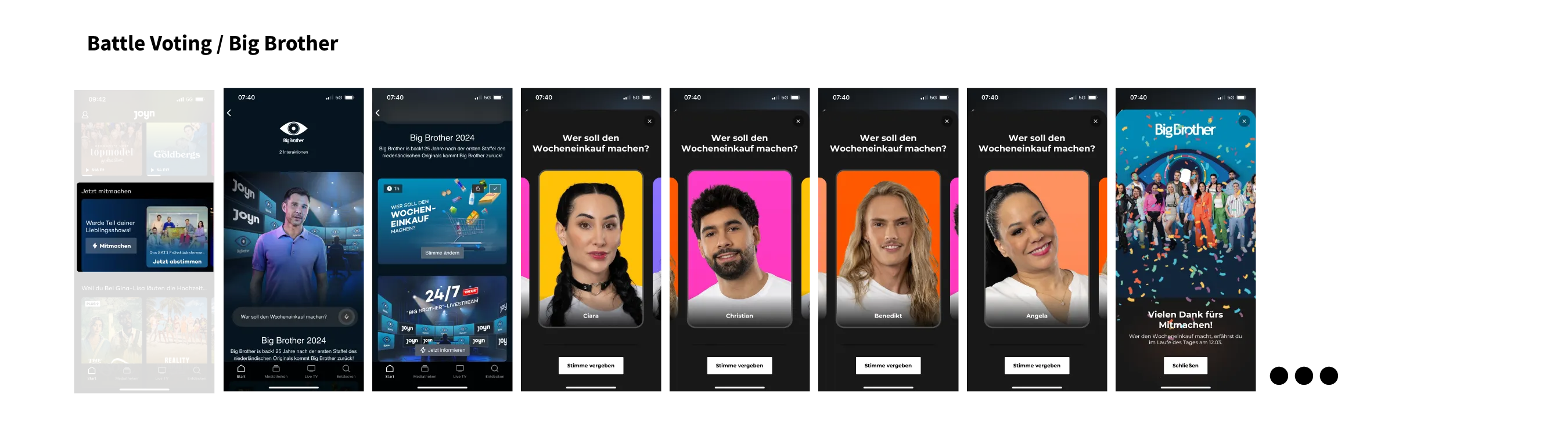 Interaction pattern: battle voting · TV show: 'Big Brother'. Sequence of app screens from the entry teaser via the show page to portraits of four candidates – 'Who should do the weekly shopping?' – and a thank-you screen.