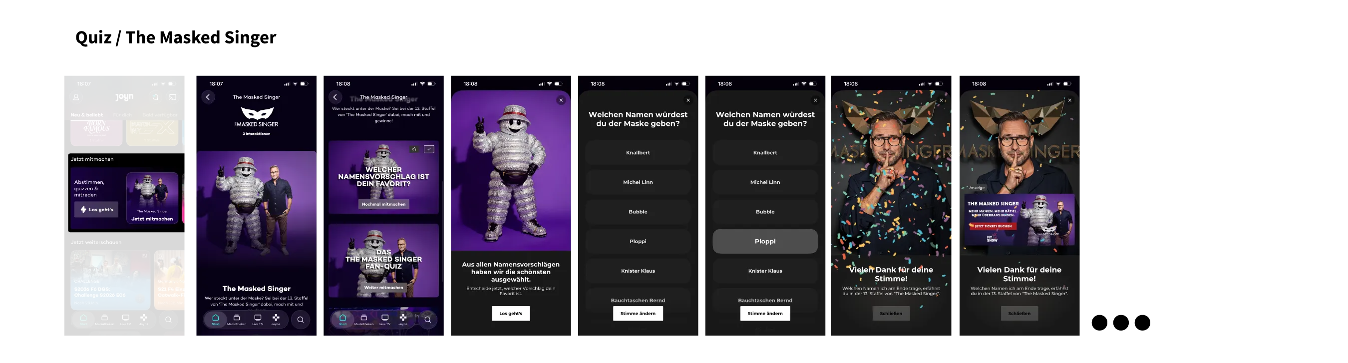 Interaction pattern: quiz · TV show: 'The Masked Singer'. Sequence of app screens from the entry teaser via a mask character to a multiple-choice name quiz and a thank-you screen.