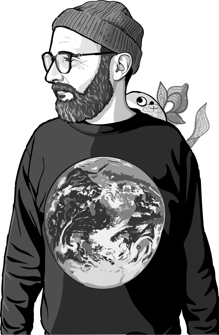 Illustrated portrait of Andreas Schwankl in a beanie and a sweater with a planet earth print, a small fish peeking over his shoulder.