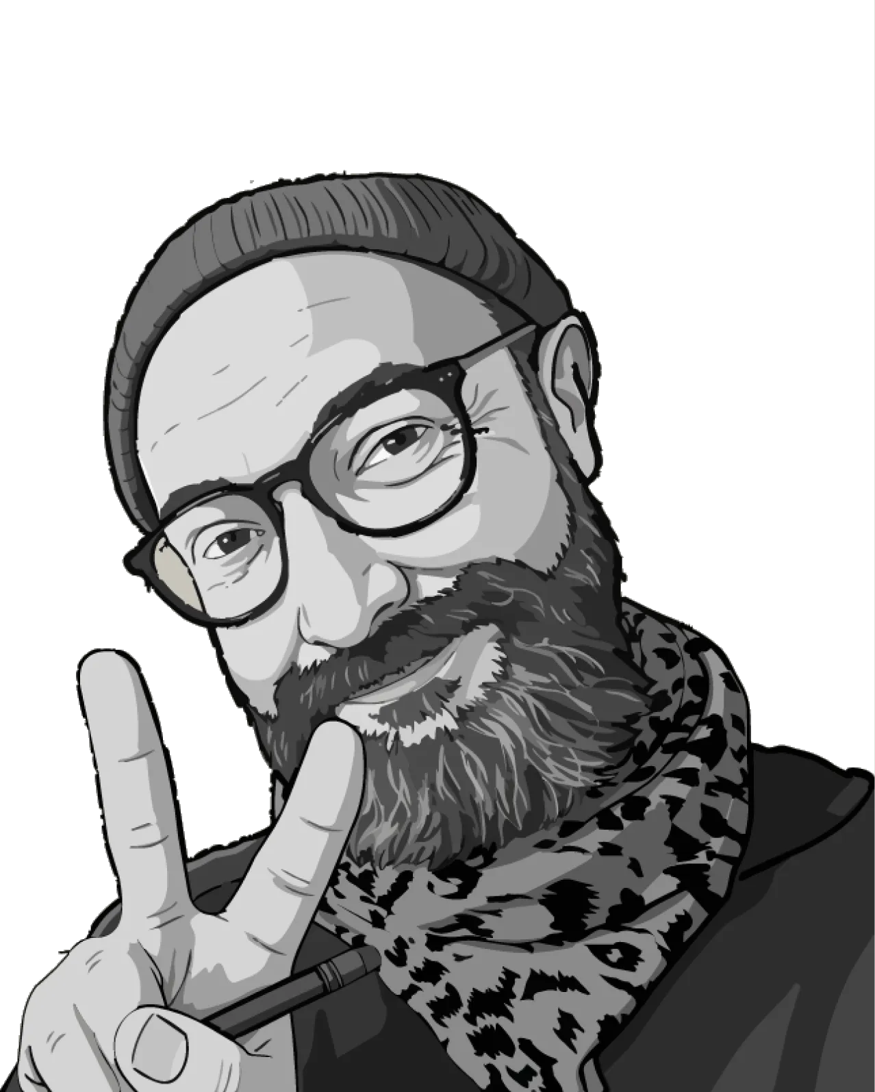 Illustrated portrait of Andreas Schwankl with beanie, glasses and beard, showing a peace sign.