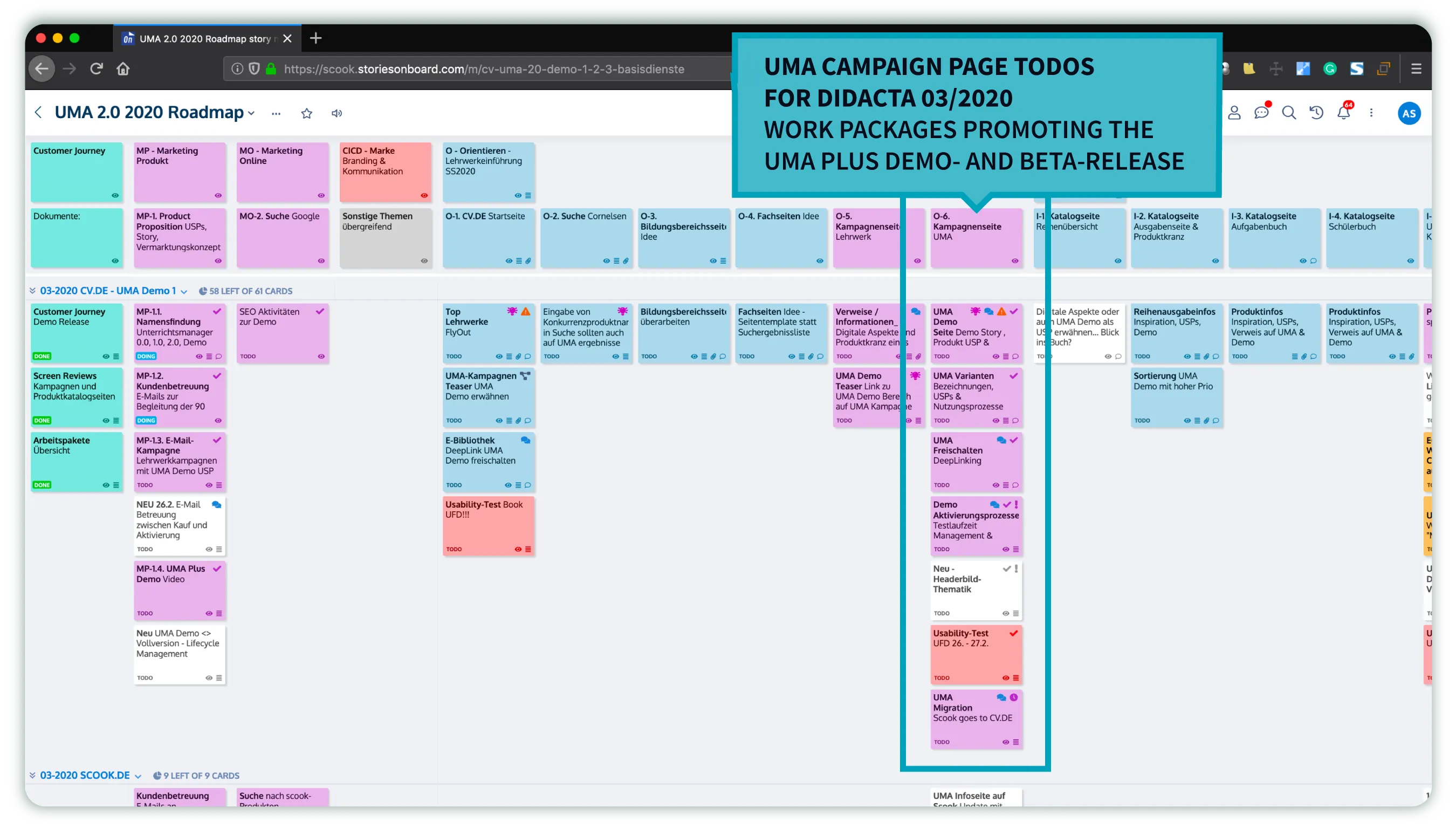 Expanded StoriesOnBoard release with story cards per journey phase. A highlighted column groups the work packages for the campaign page promoting the UMA Plus demo and beta release at Didacta.