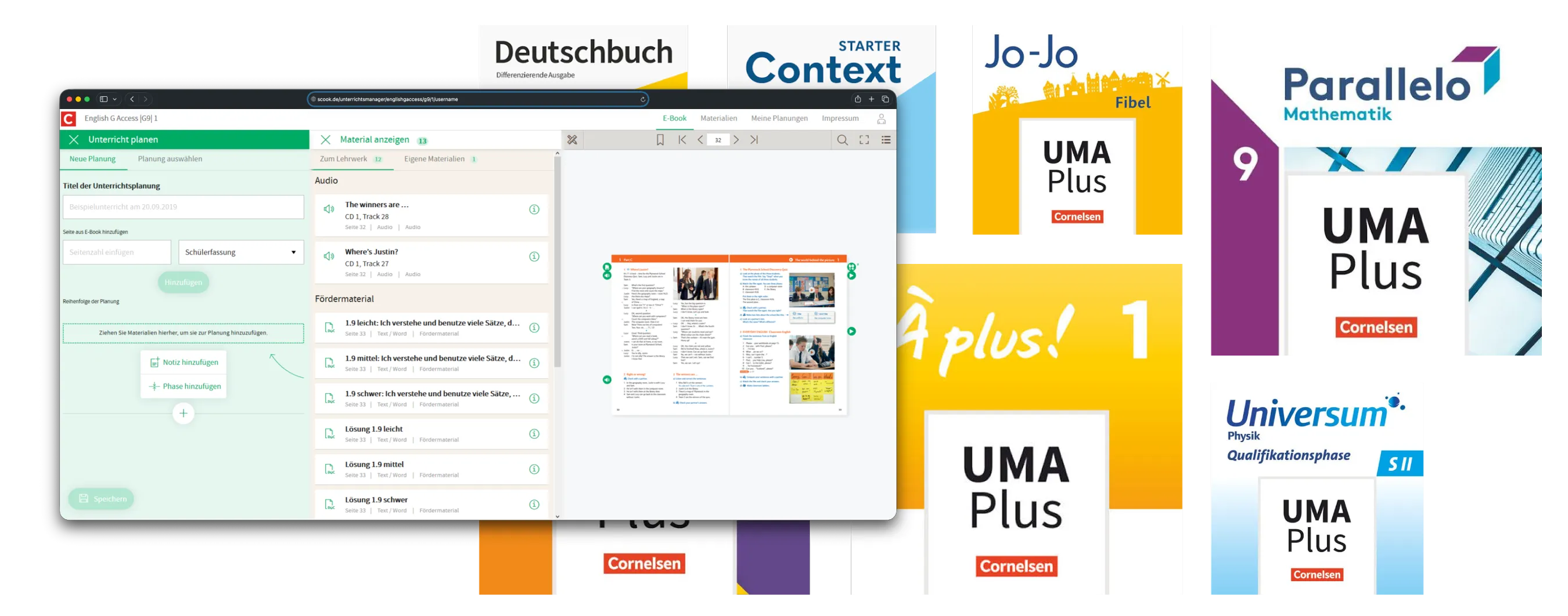 Covers of Cornelsen schoolbook programmes such as Deutschbuch, Context, Jo-Jo, Parallelo, À plus! and Universum, each labelled 'UMA Plus', next to a browser window showing the UMA lesson planner with a digital schoolbook page.